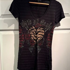 Crash & Burn Black Tee with Red and Gold Graphic